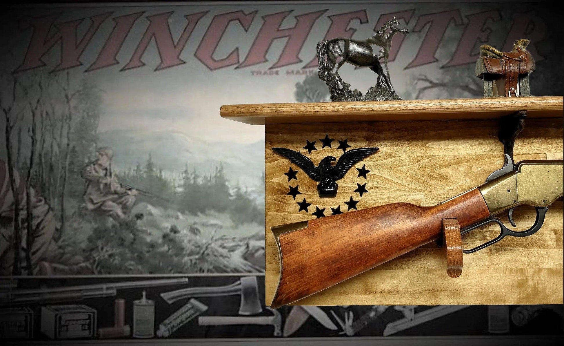 Walker Wood Gifts Gun Display Traditional 13 Star Eagle Winchester Aspen Lever Action Rifle Shelf Wall Display gift