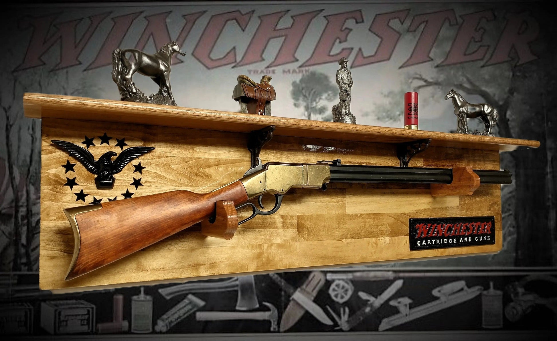 Walker Wood Gifts Gun Display Traditional 13 Star Eagle Winchester Aspen Lever Action Rifle Shelf Wall Display gift