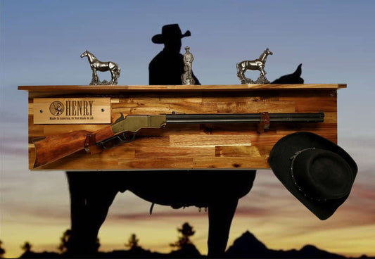 Walker Wood Gifts Gun Display Traditional Henry Lever Action Rifle Display W/Shelf Wall Display Western Cowboy Collectors Gift