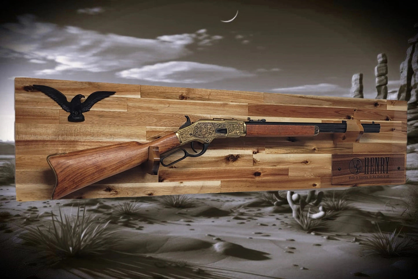 Walker Wood Gifts Gun Display Traditional Lever Action Henry Rifle Display Cabin Acacia Décor Collectors Gift