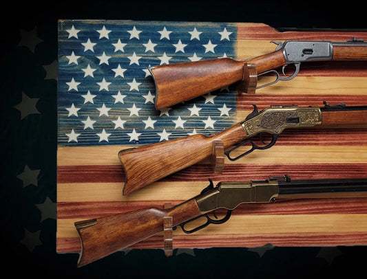 Walker Wood Gifts Gun Display Traditional Old Glory 3 Place Lever Action Knotty Pine Rifle Display Unique Collectors Gift