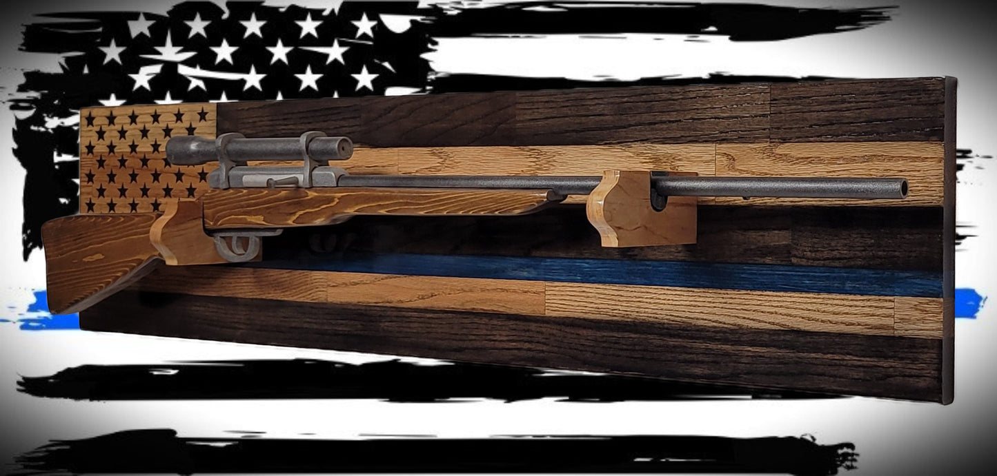 Walker Wood Gifts Gun Display Traditional Solid Cabin Oak Shotgun Rifle Rack Thin Blue Line Patriotic Police Collector Gift