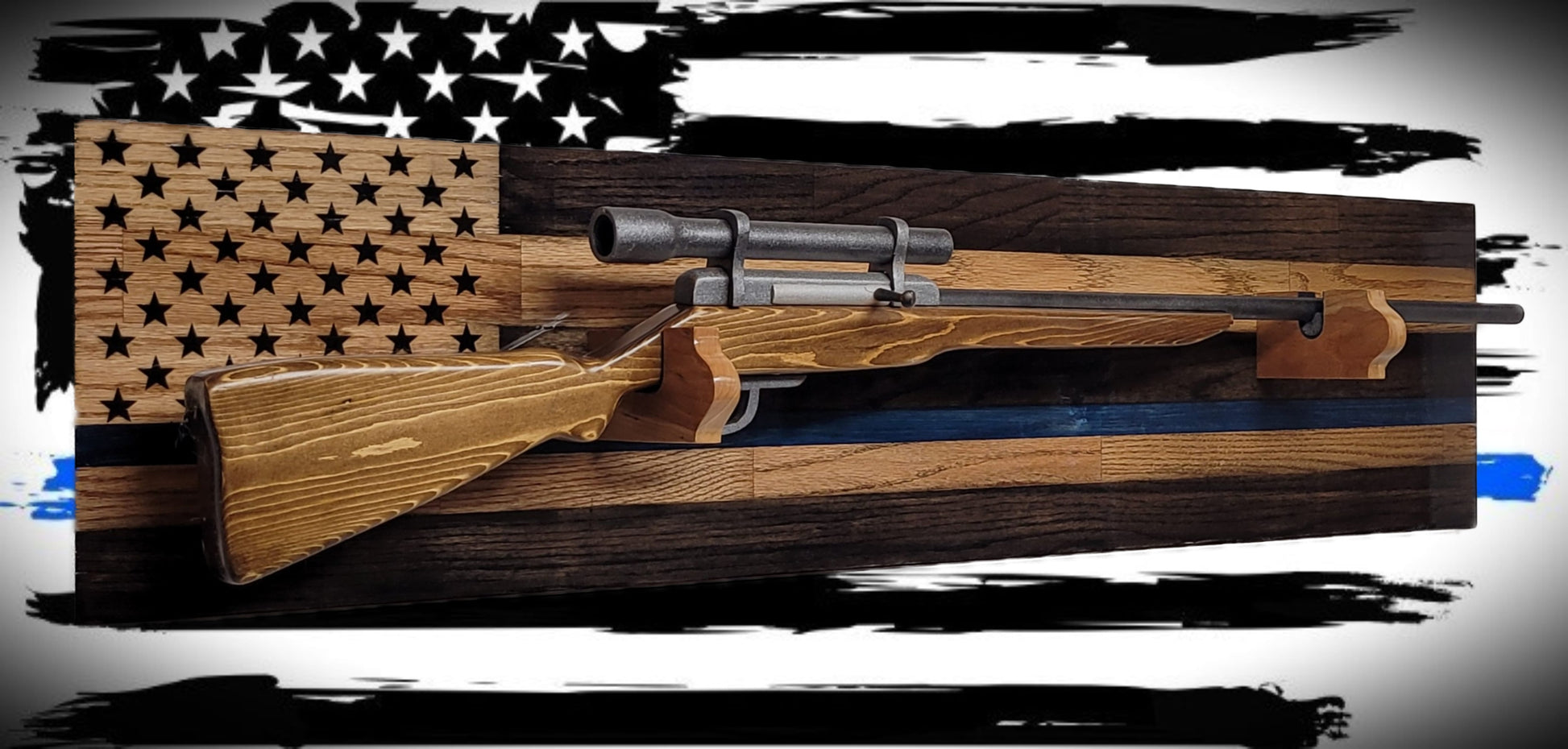 Walker Wood Gifts Gun Display Traditional Solid Cabin Oak Shotgun Rifle Rack Thin Blue Line Patriotic Police Collector Gift