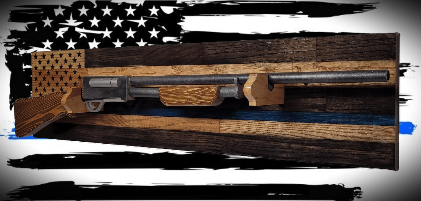 Walker Wood Gifts Gun Display Traditional Solid Cabin Oak Shotgun Rifle Rack Thin Blue Line Patriotic Police Collector Gift