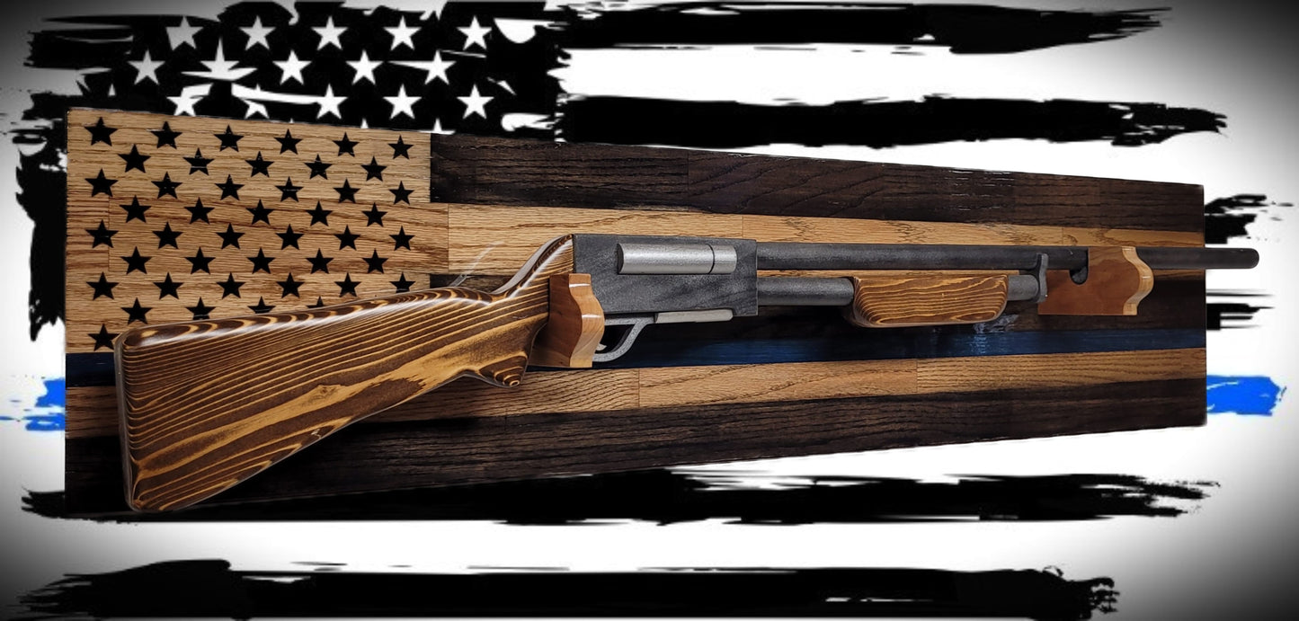 Walker Wood Gifts Gun Display Traditional Solid Cabin Oak Shotgun Rifle Rack Thin Blue Line Patriotic Police Collector Gift