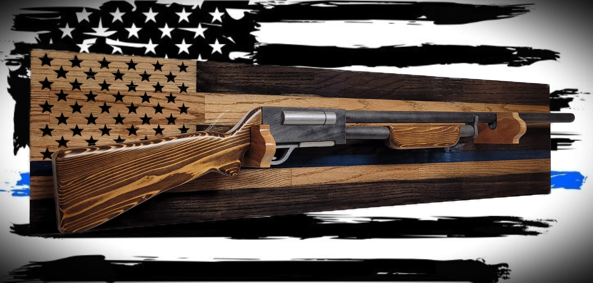 Walker Wood Gifts Gun Display Traditional Solid Cabin Oak Shotgun Rifle Rack Thin Blue Line Patriotic Police Collector Gift