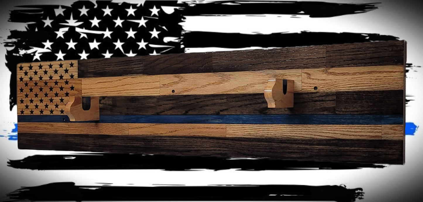 Walker Wood Gifts Gun Display Traditional Solid Cabin Oak Shotgun Rifle Rack Thin Blue Line Patriotic Police Collector Gift