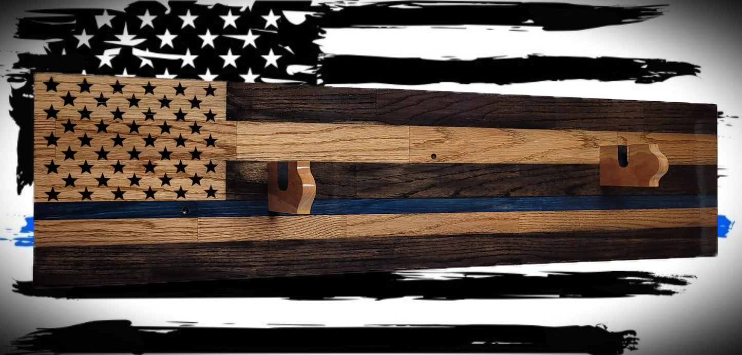 Walker Wood Gifts Gun Display Traditional Solid Cabin Oak Shotgun Rifle Rack Thin Blue Line Patriotic Police Collector Gift