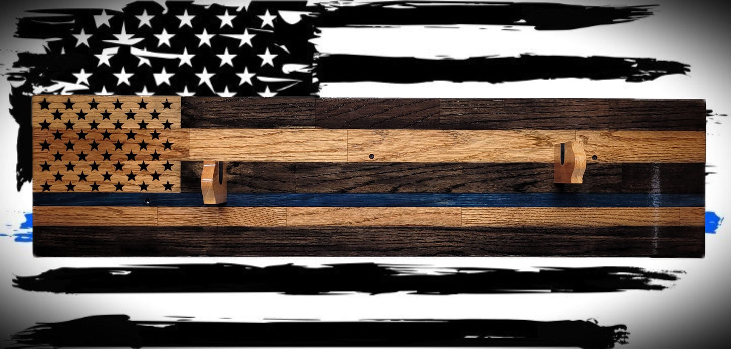 Walker Wood Gifts Gun Display Traditional Solid Cabin Oak Shotgun Rifle Rack Thin Blue Line Patriotic Police Collector Gift