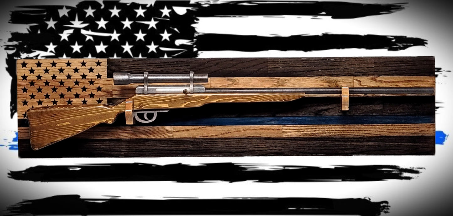 Walker Wood Gifts Gun Display Traditional Solid Cabin Oak Shotgun Rifle Rack Thin Blue Line Patriotic Police Collector Gift