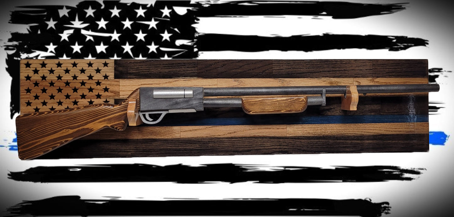Walker Wood Gifts Gun Display Traditional Solid Cabin Oak Shotgun Rifle Rack Thin Blue Line Patriotic Police Collector Gift