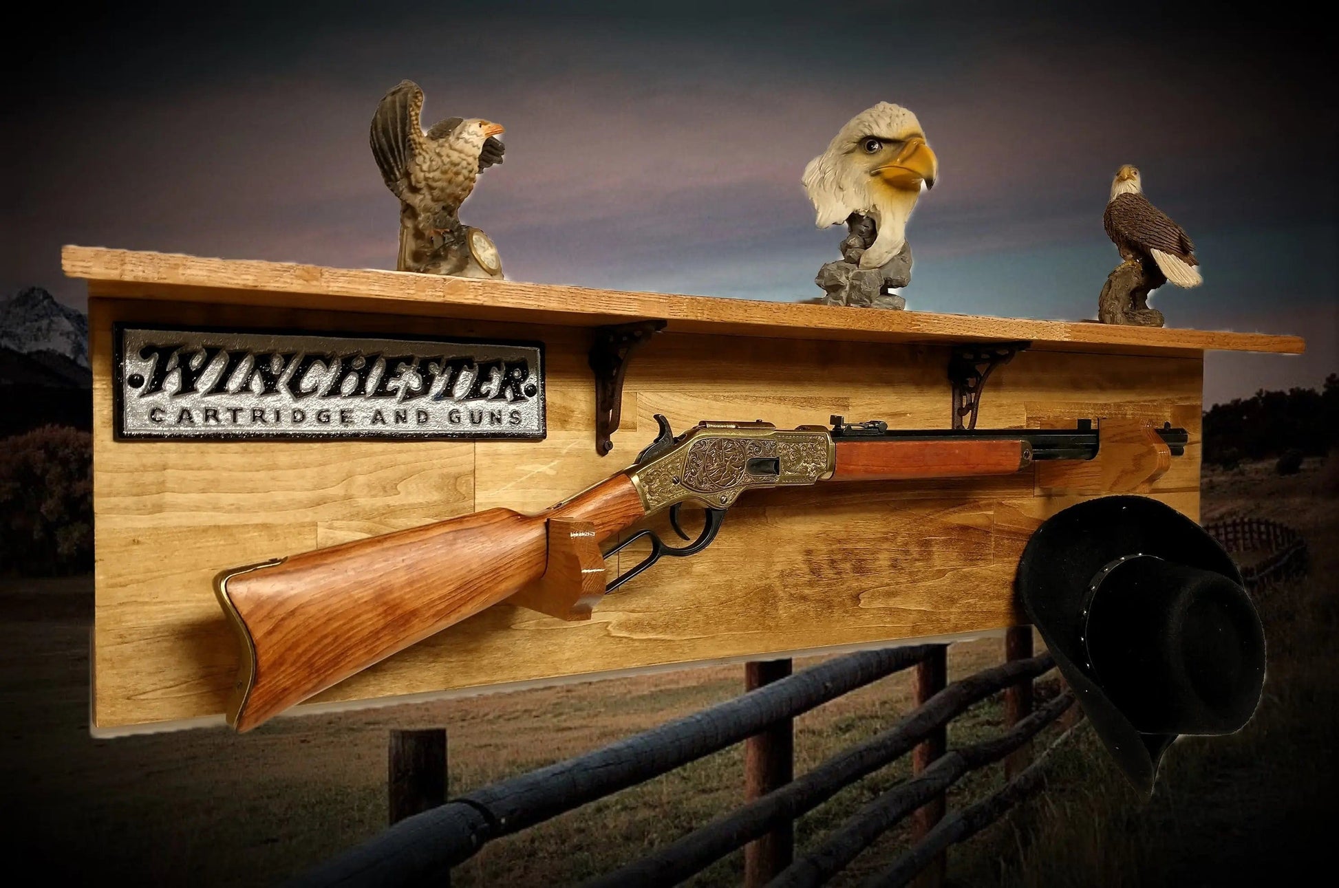 Walker Wood Gifts Gun Display Traditional Winchester Aspen Lever Action Rifle Shelf Wall Display Collector Decor Gift