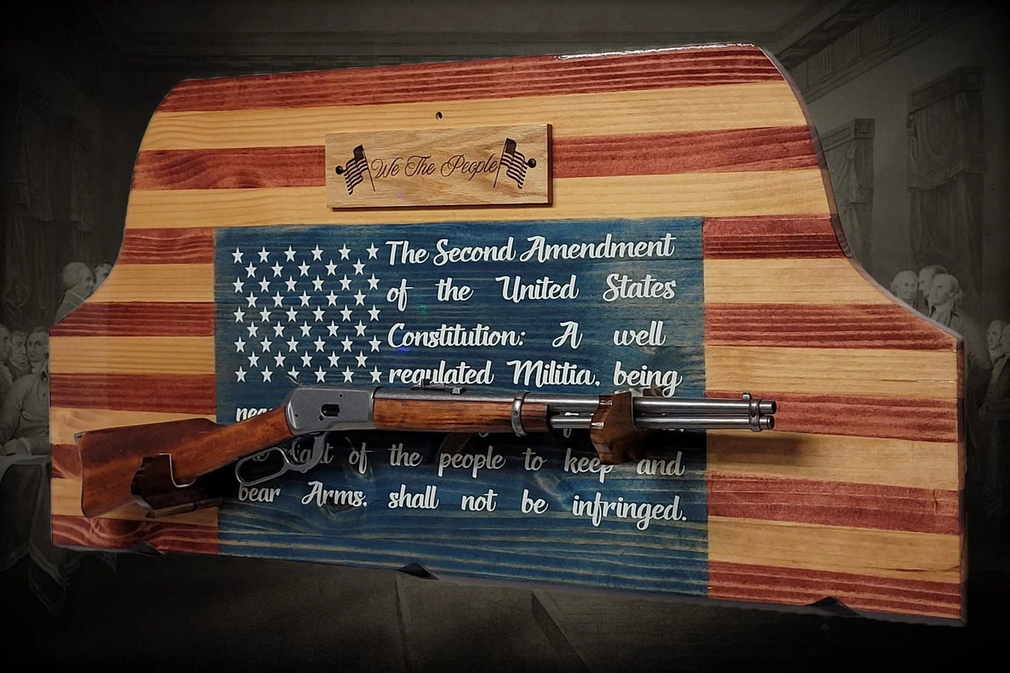 Walker Wood Gifts Gun Display Unique Old Glory We The People Lever Action Knotty Pine Rifle Display Collectors Gift