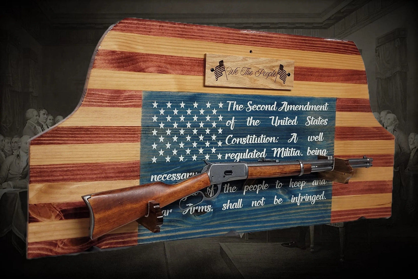 Walker Wood Gifts Gun Display Unique Old Glory We The People Lever Action Knotty Pine Rifle Display Collectors Gift