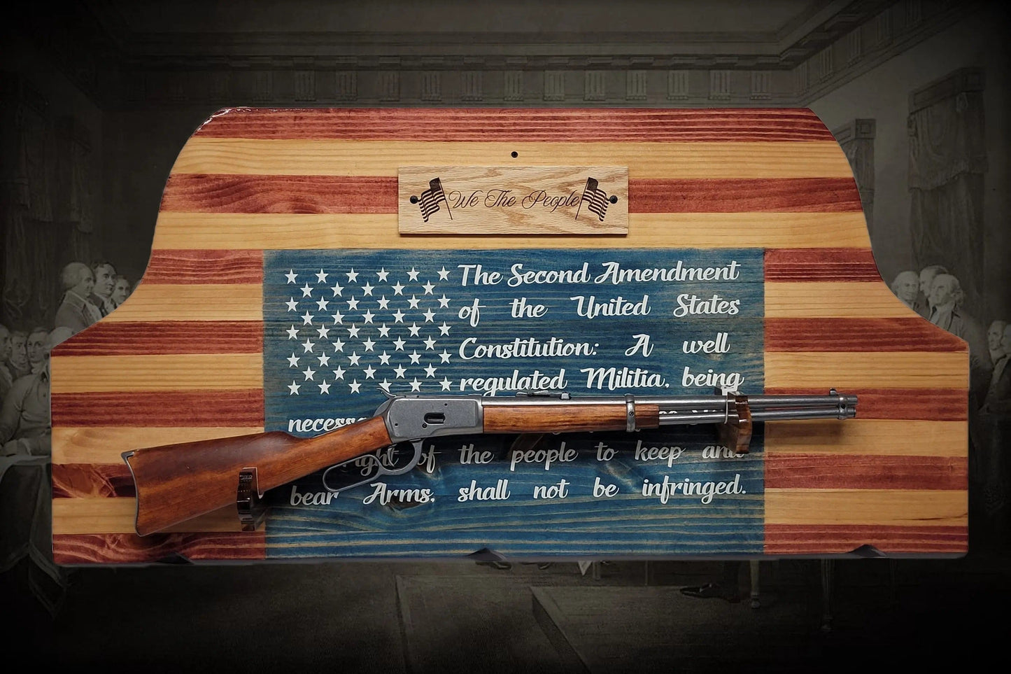 Walker Wood Gifts Gun Display Unique Old Glory We The People Lever Action Knotty Pine Rifle Display Collectors Gift
