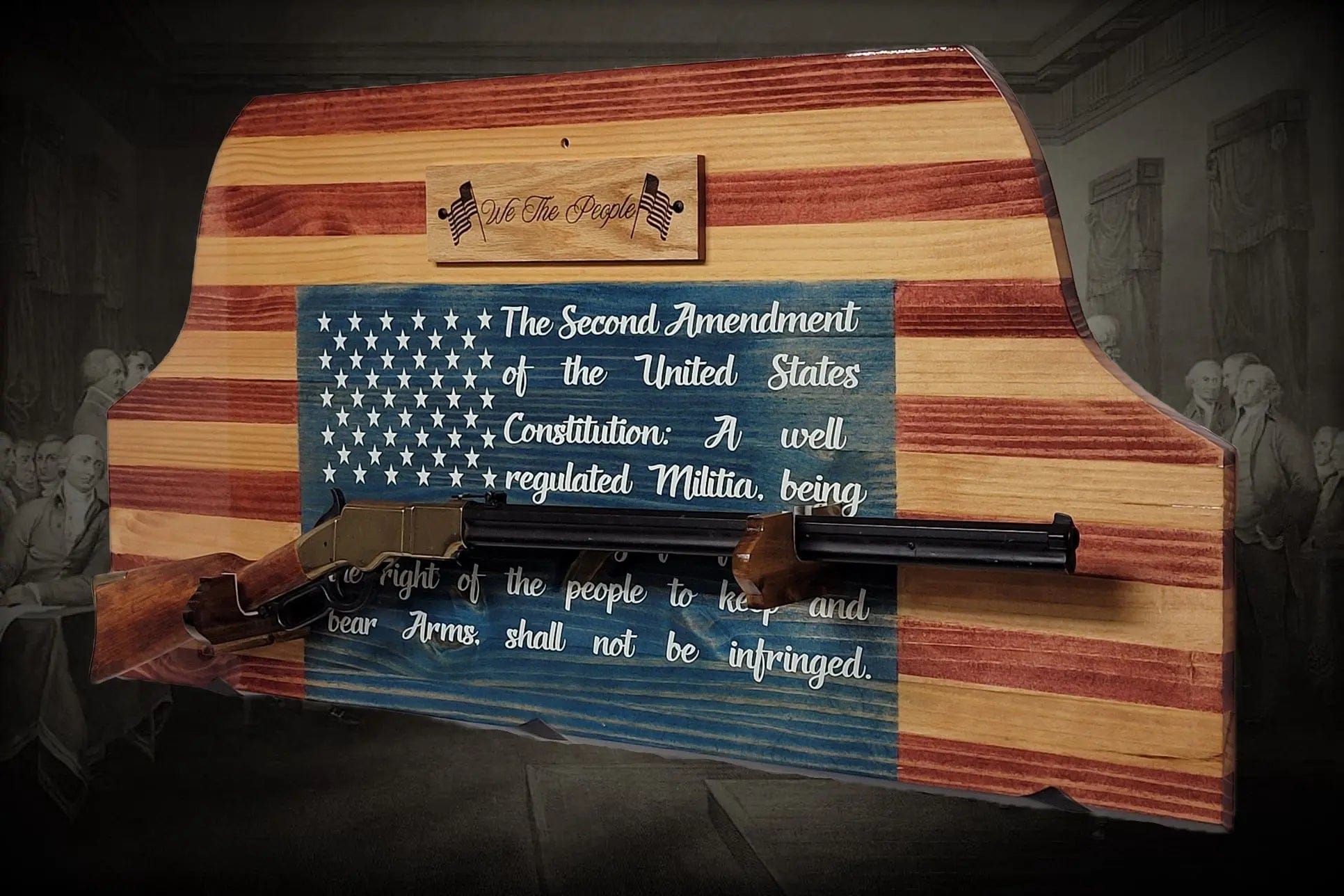 Walker Wood Gifts Gun Display Unique Old Glory We The People Lever Action Knotty Pine Rifle Display Collectors Gift