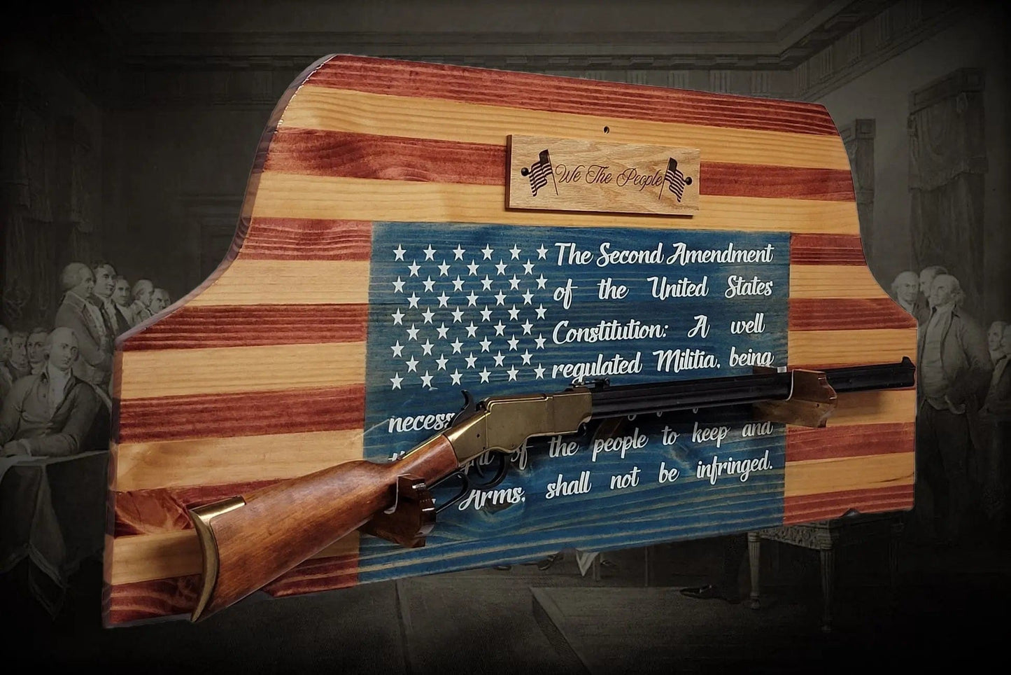 Walker Wood Gifts Gun Display Unique Old Glory We The People Lever Action Knotty Pine Rifle Display Collectors Gift