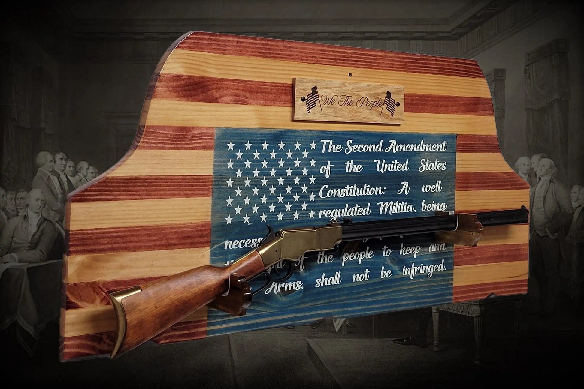 Walker Wood Gifts Gun Display Unique Old Glory We The People Lever Action Knotty Pine Rifle Display Collectors Gift