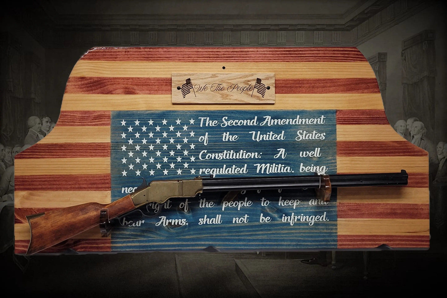 Walker Wood Gifts Gun Display Unique Old Glory We The People Lever Action Knotty Pine Rifle Display Collectors Gift