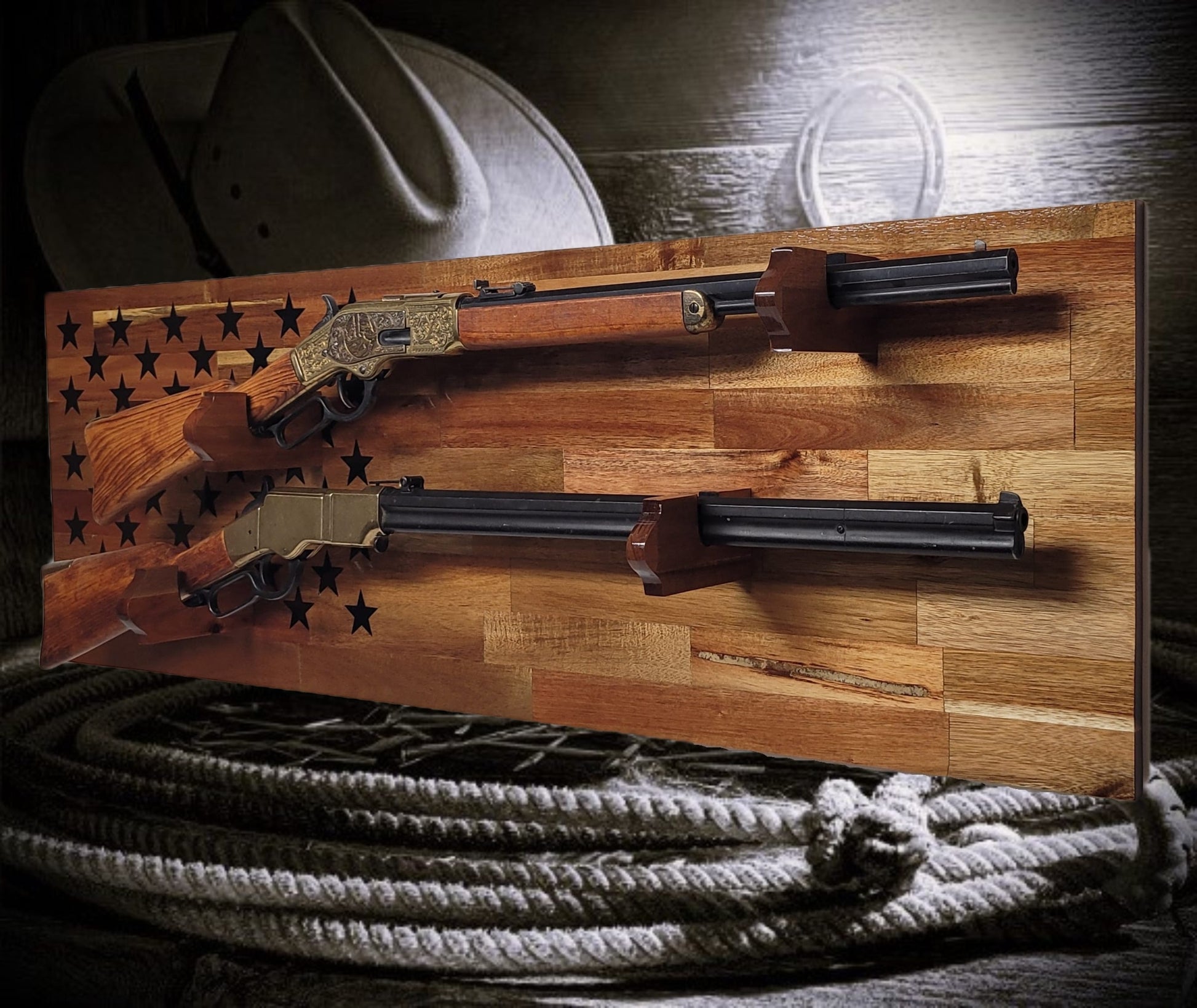 Walker Wood Gifts gun rack 50 Black Star Flag 2 Place Lever Action Rifle Cabin Acacia Display Collector Gift