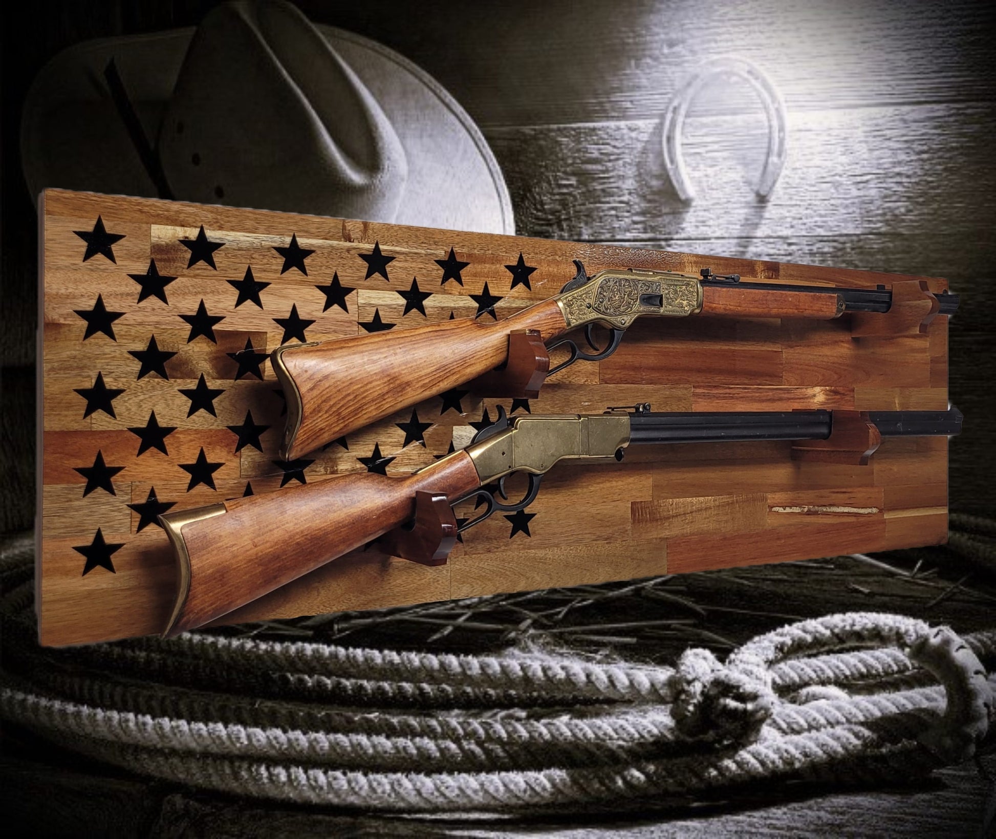 Walker Wood Gifts gun rack 50 Black Star Flag 2 Place Lever Action Rifle Cabin Acacia Display Collector Gift
