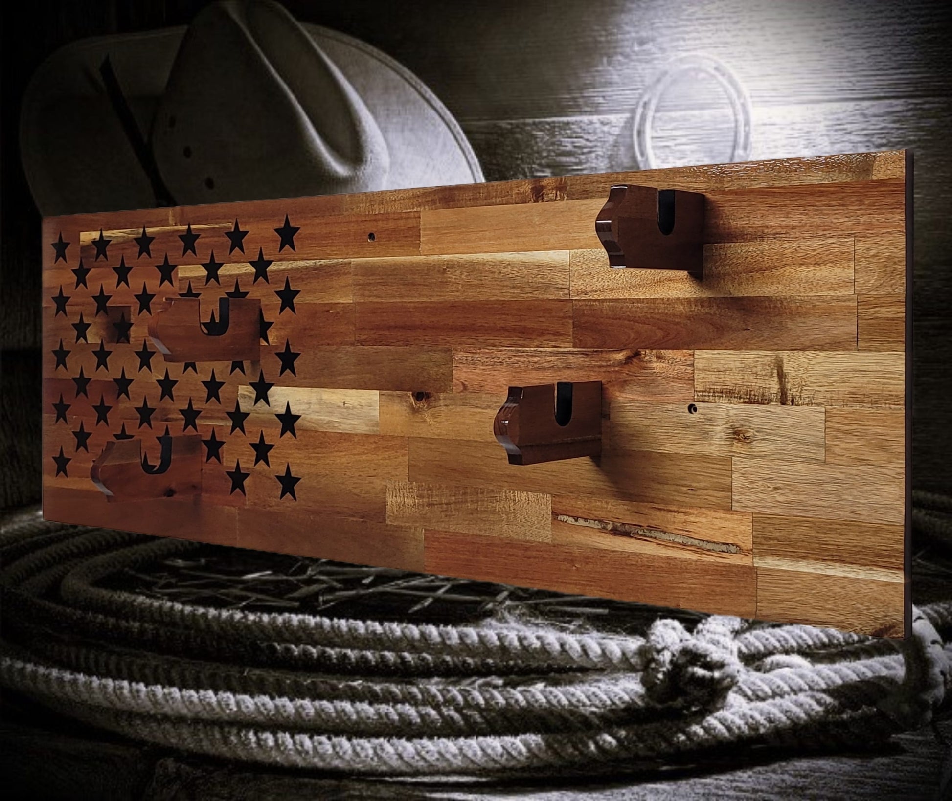 Walker Wood Gifts gun rack 50 Black Star Flag 2 Place Lever Action Rifle Cabin Acacia Display Collector Gift