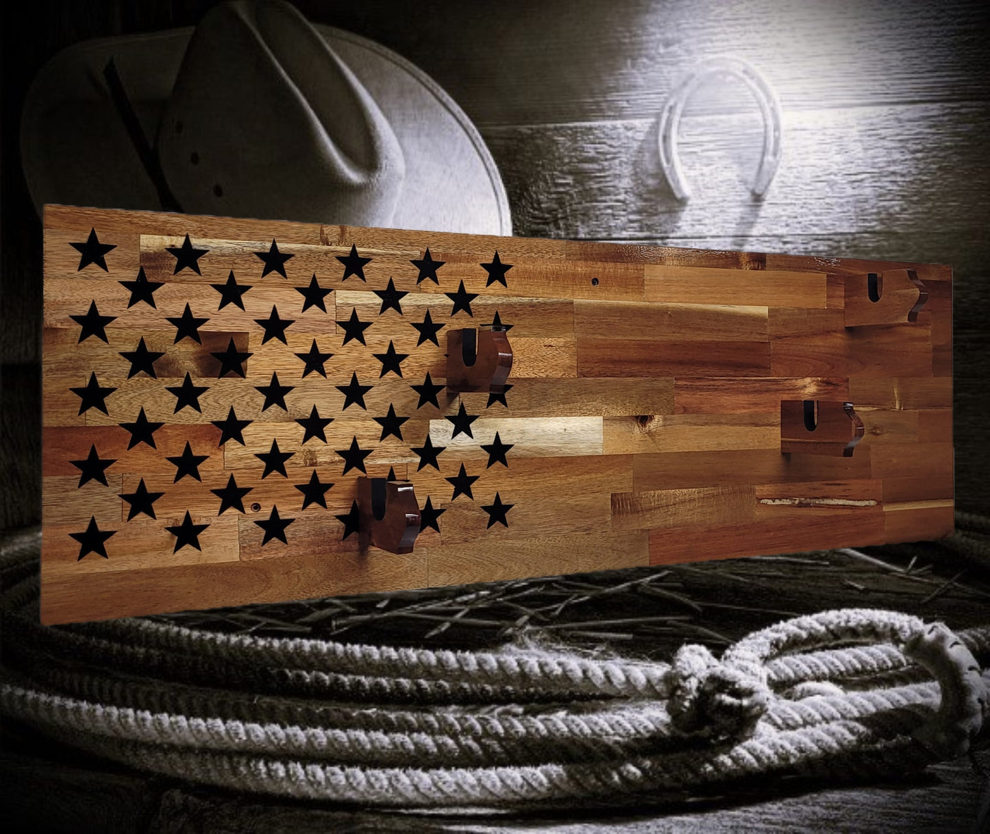 Walker Wood Gifts gun rack 50 Black Star Flag 2 Place Lever Action Rifle Cabin Acacia Display Collector Gift