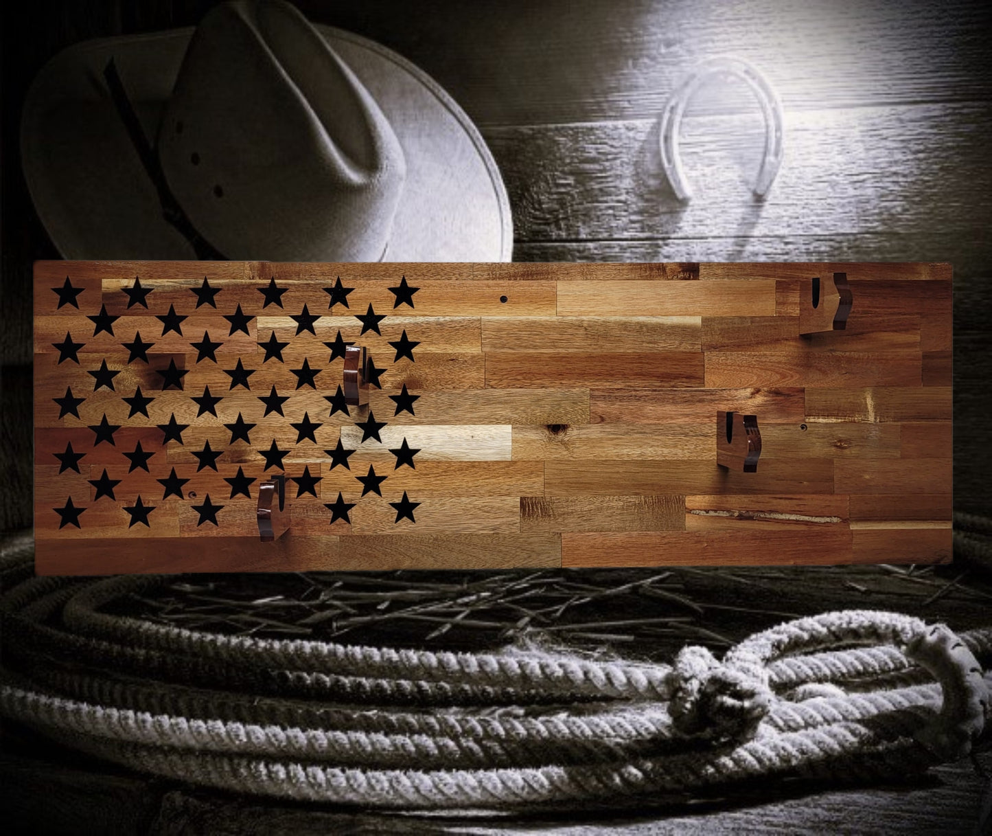Walker Wood Gifts gun rack 50 Black Star Flag 2 Place Lever Action Rifle Cabin Acacia Display Collector Gift