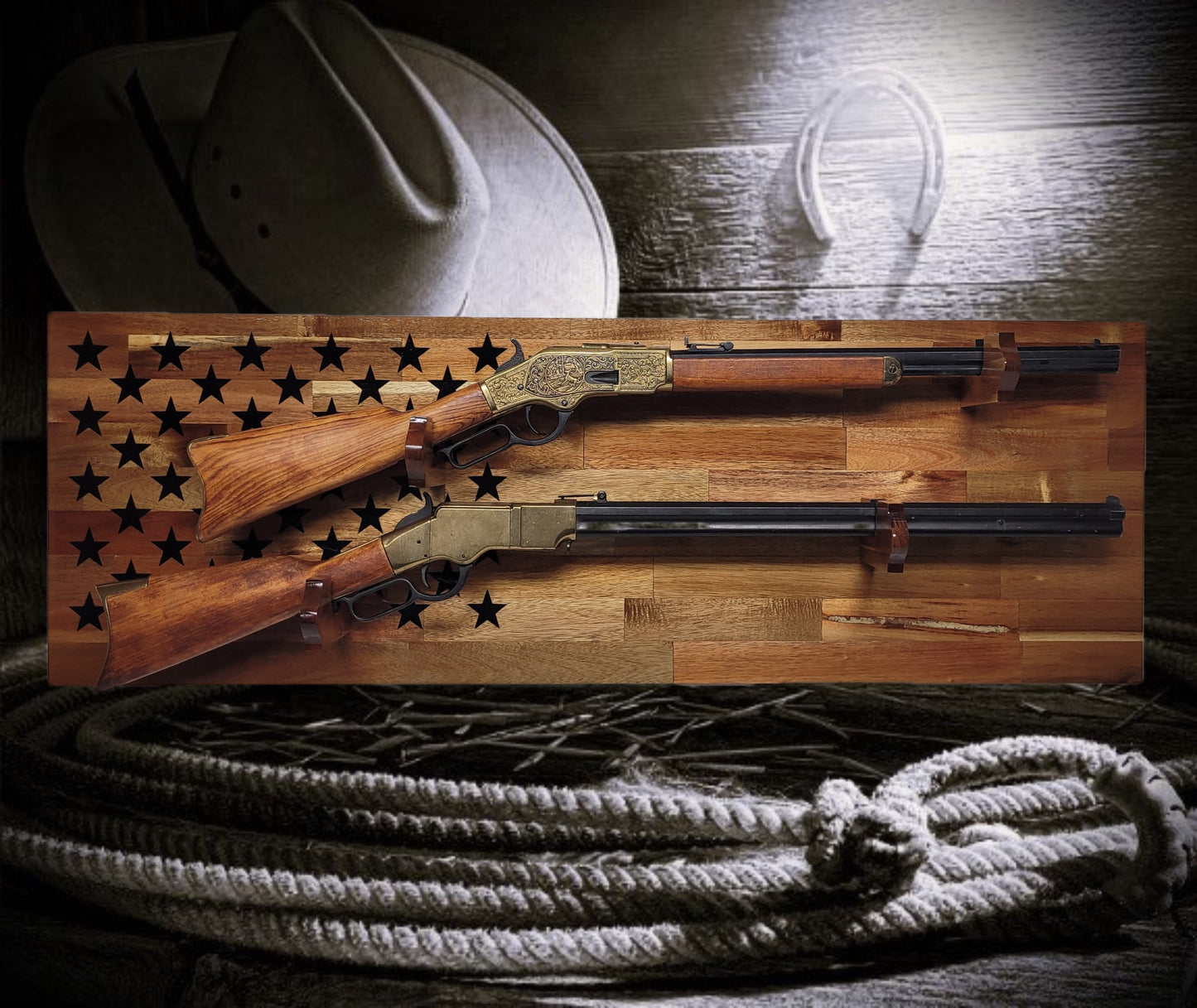 Walker Wood Gifts gun rack 50 Black Star Flag 2 Place Lever Action Rifle Cabin Acacia Display Collector Gift