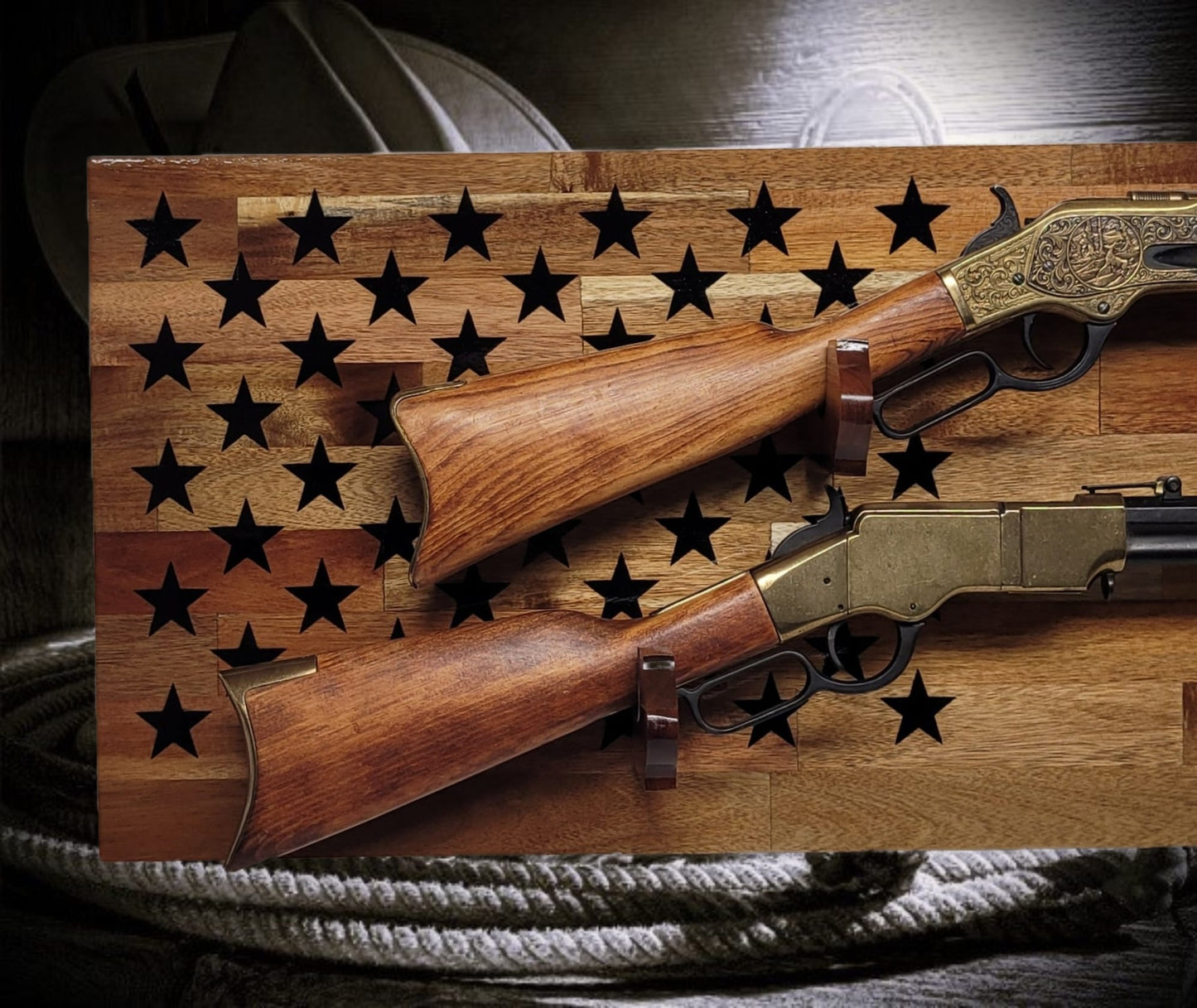 Walker Wood Gifts gun rack 50 Black Star Flag 2 Place Lever Action Rifle Cabin Acacia Display Collector Gift