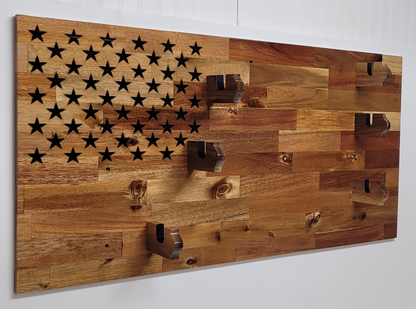 Walker Wood Gifts gun rack 50 Black Star Flag 3 Place Lever Action Rifle Cabin Acacia Display Collector Gift