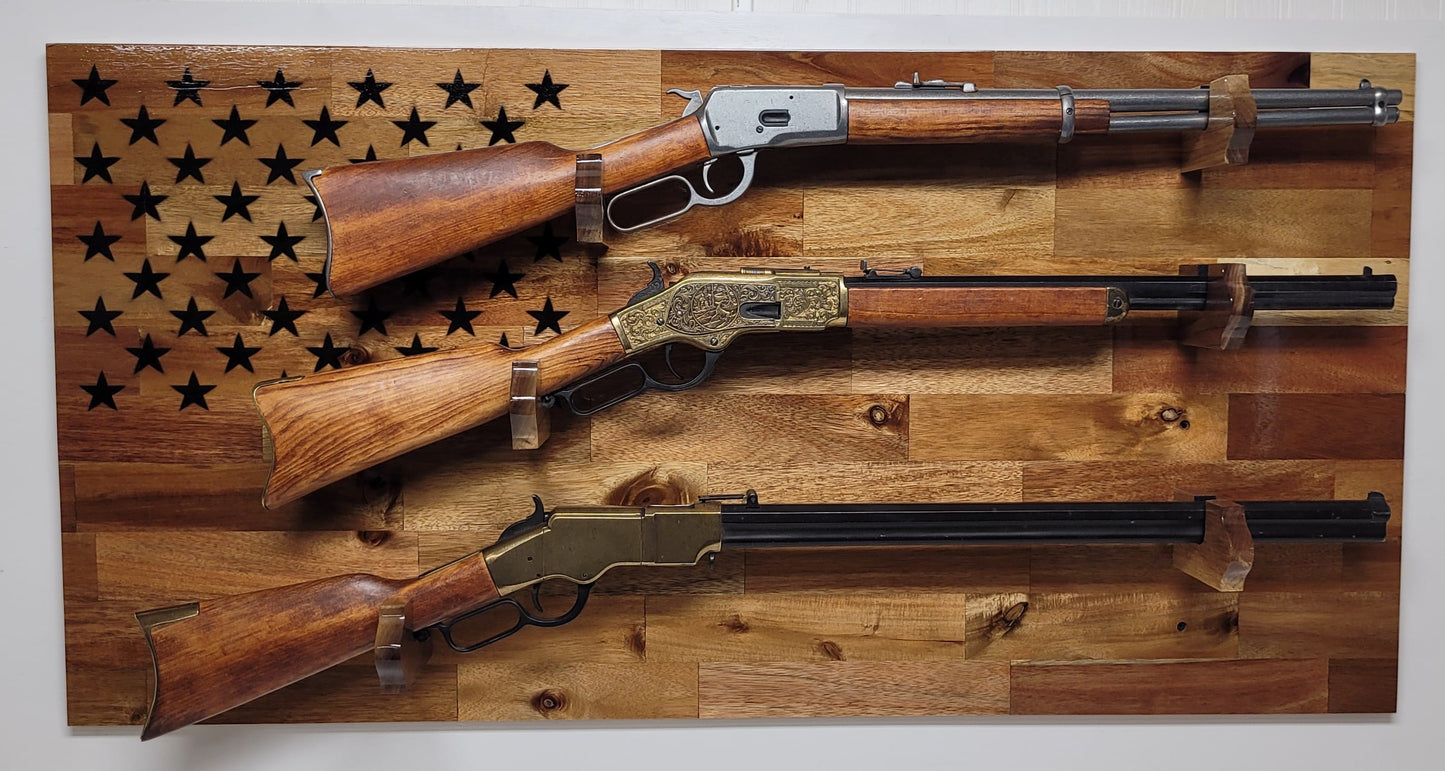 Walker Wood Gifts gun rack 50 Black Star Flag 3 Place Lever Action Rifle Cabin Acacia Display Collector Gift