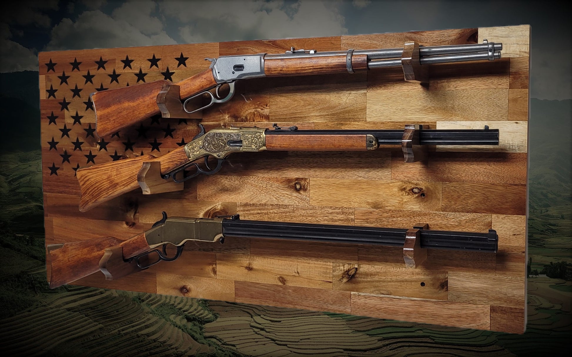 Walker Wood Gifts gun rack 50 Black Star Flag 3 Place Lever Action Rifle Cabin Acacia Display Collector Gift
