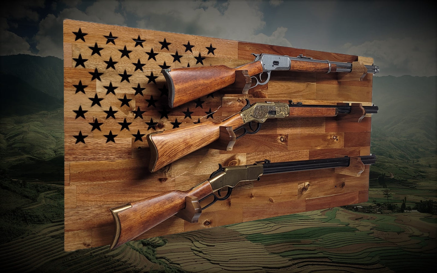 Walker Wood Gifts gun rack 50 Black Star Flag 3 Place Lever Action Rifle Cabin Acacia Display Collector Gift