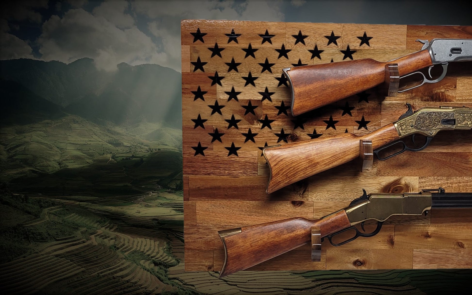 Walker Wood Gifts gun rack 50 Black Star Flag 3 Place Lever Action Rifle Cabin Acacia Display Collector Gift