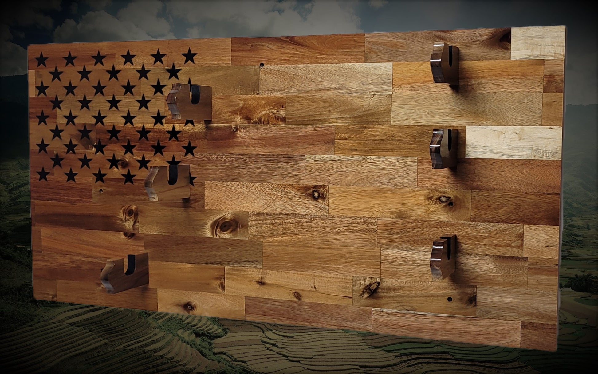 Walker Wood Gifts gun rack 50 Black Star Flag 3 Place Lever Action Rifle Cabin Acacia Display Collector Gift