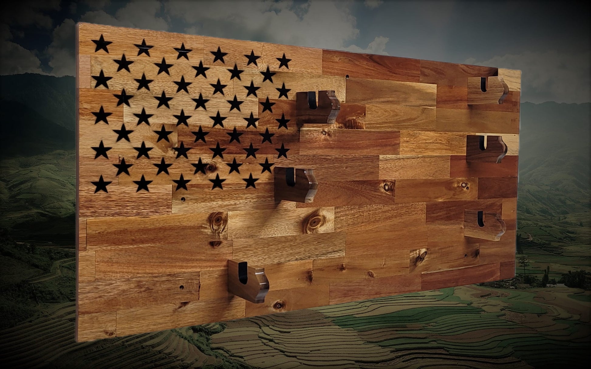 Walker Wood Gifts gun rack 50 Black Star Flag 3 Place Lever Action Rifle Cabin Acacia Display Collector Gift