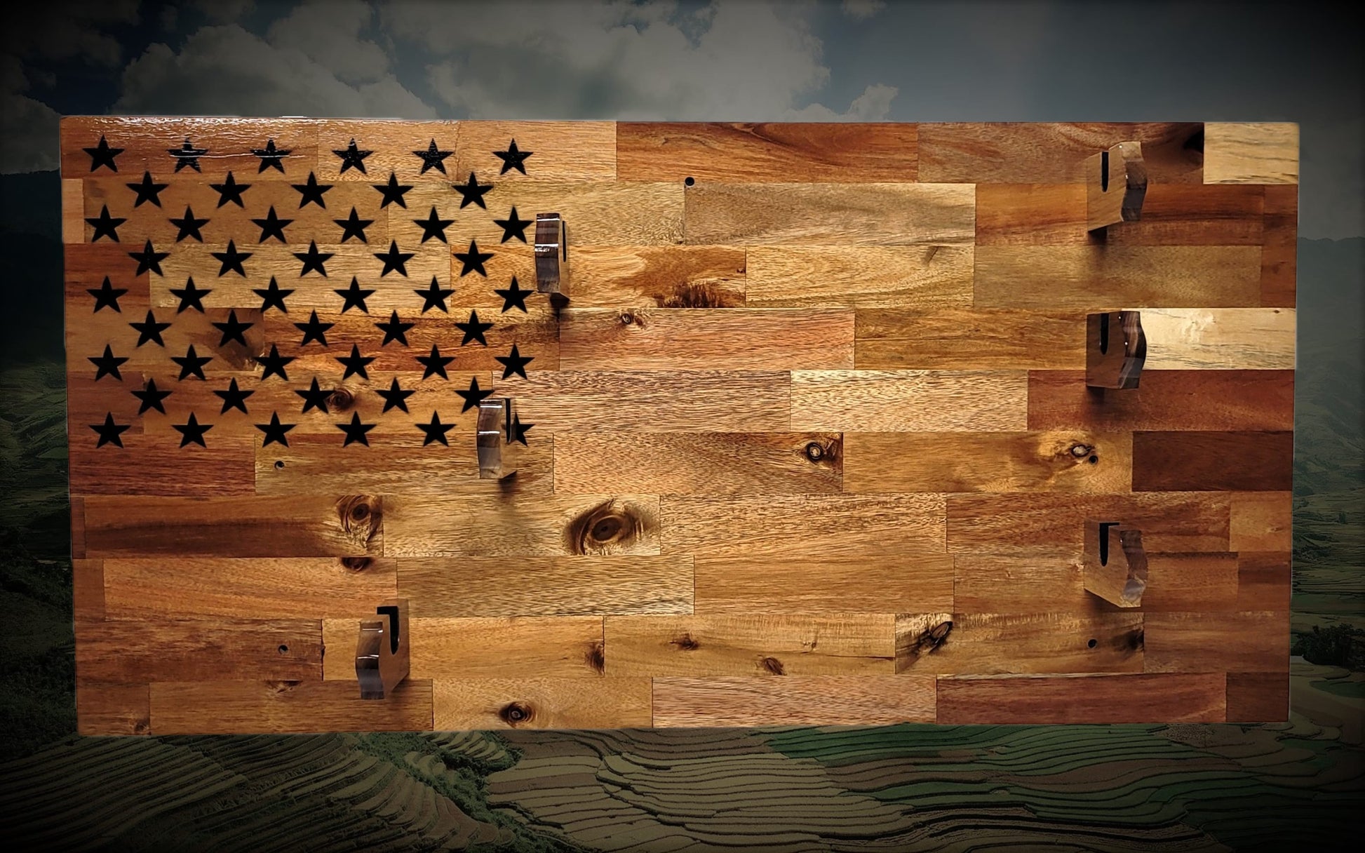 Walker Wood Gifts gun rack 50 Black Star Flag 3 Place Lever Action Rifle Cabin Acacia Display Collector Gift