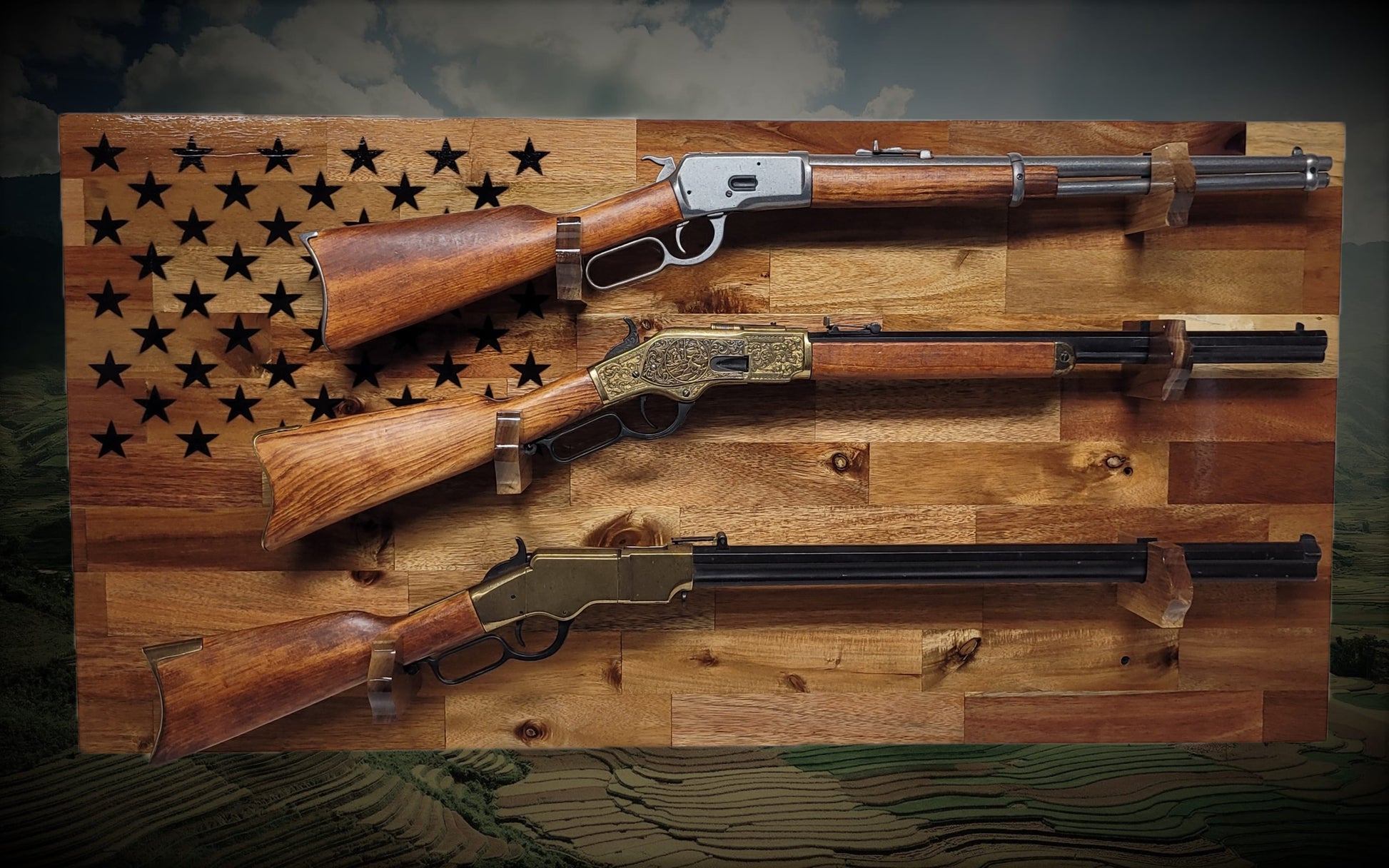 Walker Wood Gifts gun rack 50 Black Star Flag 3 Place Lever Action Rifle Cabin Acacia Display Collector Gift