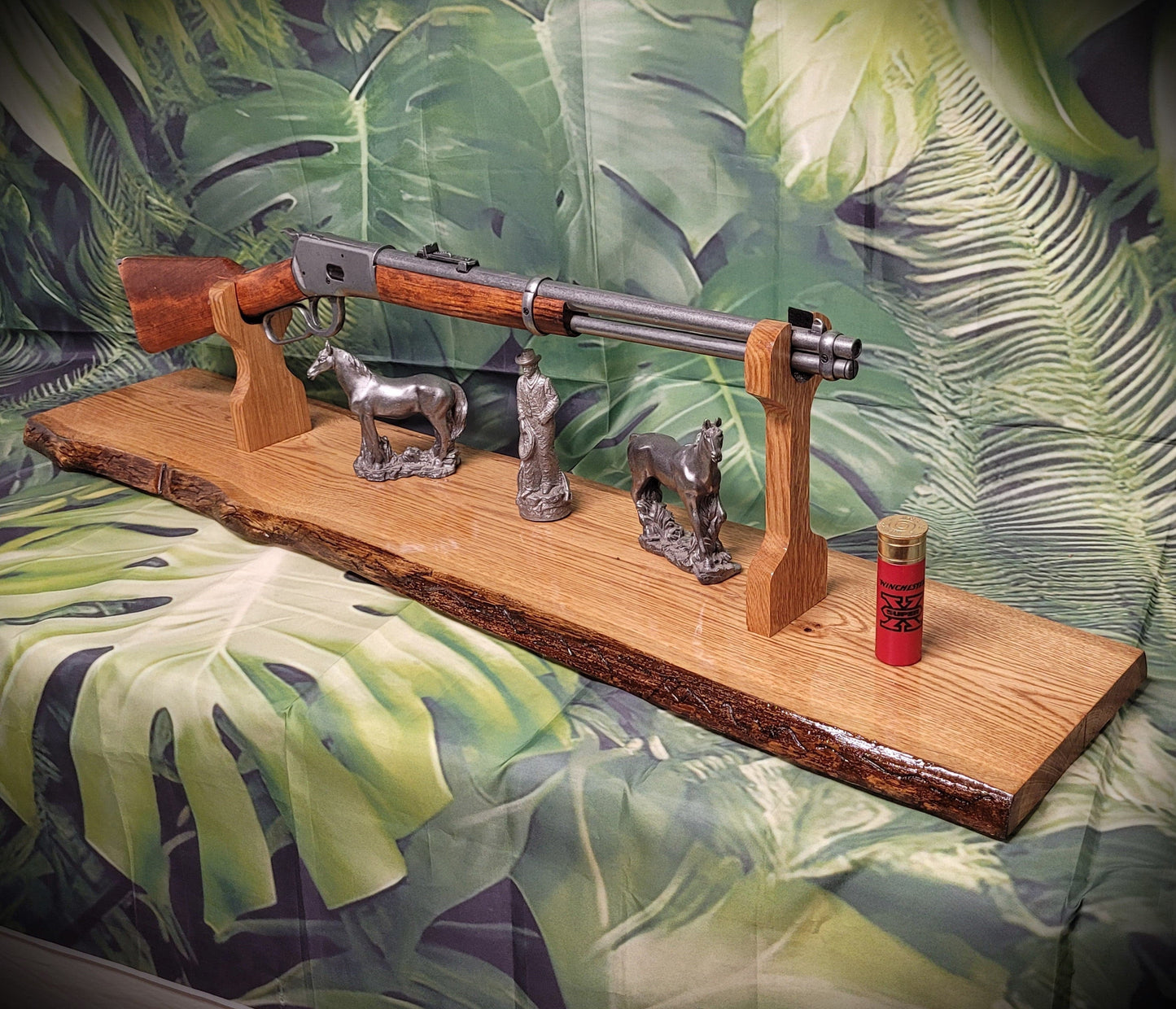 Walker Wood Gifts gun rack Beautiful Rustic Live Edge Oak Lever Action Rifle Stand Display Mantel Collector Gift