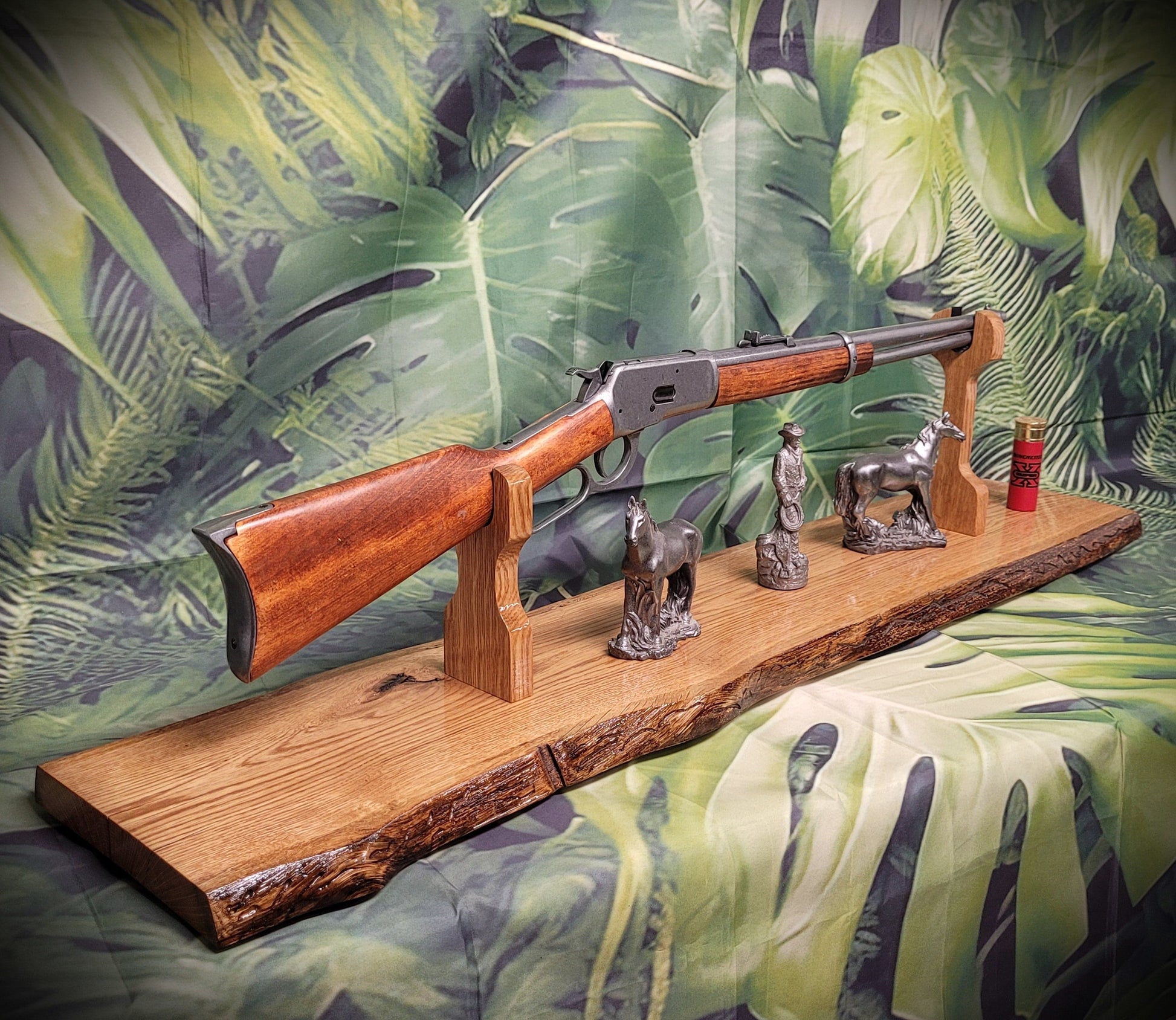 Walker Wood Gifts gun rack Beautiful Rustic Live Edge Oak Lever Action Rifle Stand Display Mantel Collector Gift