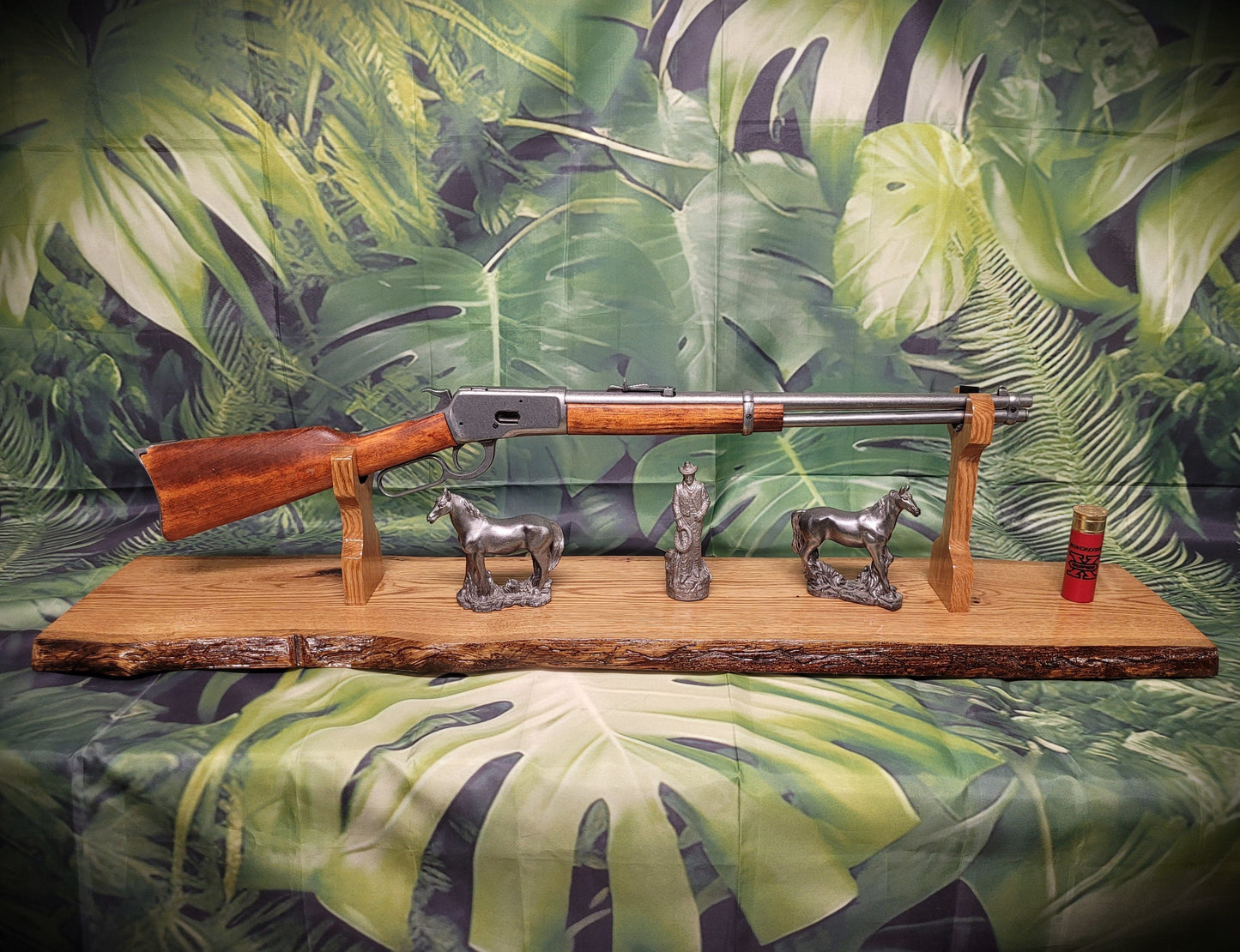 Walker Wood Gifts gun rack Beautiful Rustic Live Edge Oak Lever Action Rifle Stand Display Mantel Collector Gift