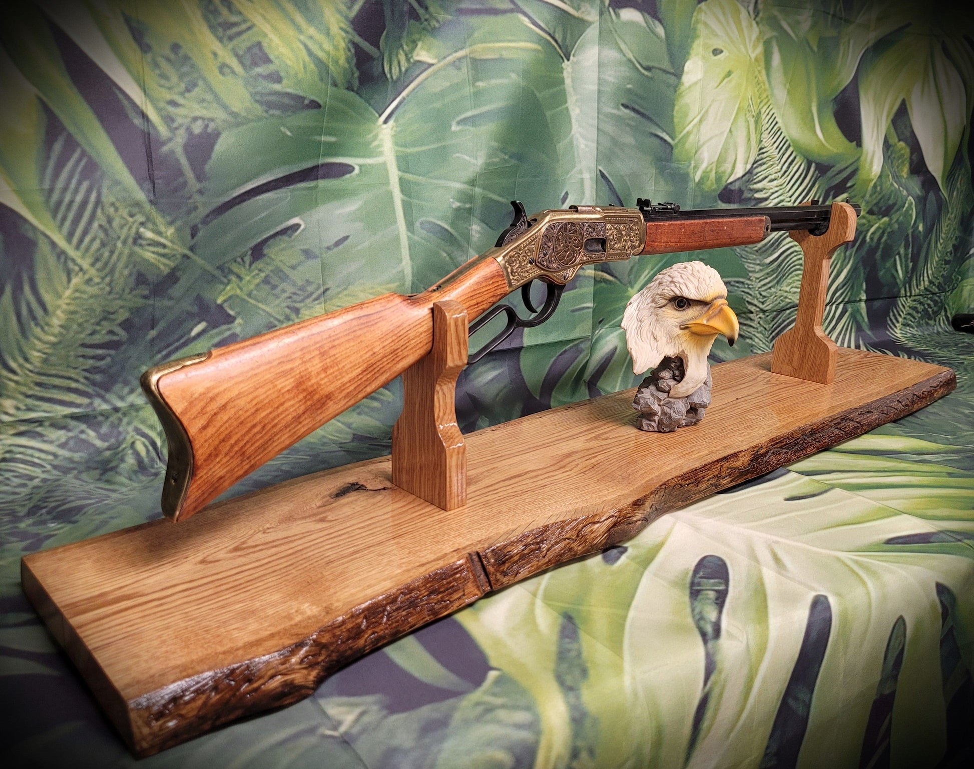 Walker Wood Gifts gun rack Beautiful Rustic Live Edge Oak Lever Action Rifle Stand Display Mantel Collector Gift