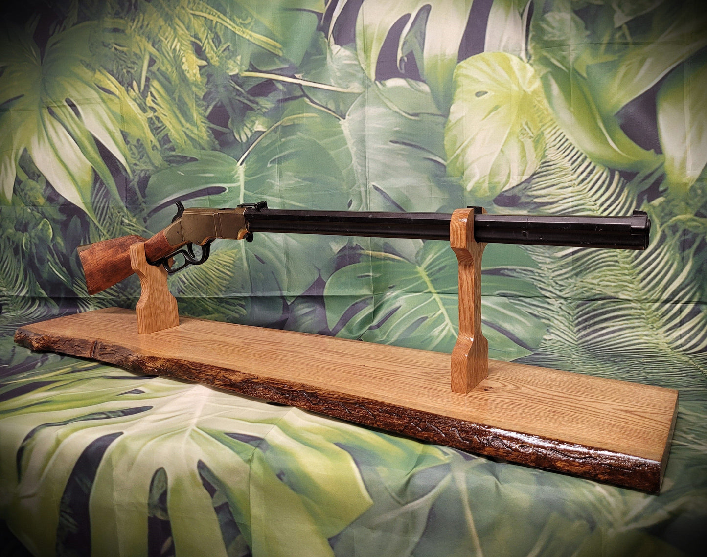 Walker Wood Gifts gun rack Beautiful Rustic Live Edge Oak Lever Action Rifle Stand Display Mantel Collector Gift