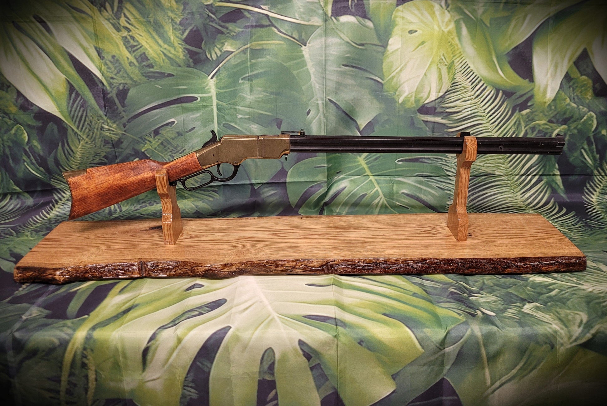 Walker Wood Gifts gun rack Beautiful Rustic Live Edge Oak Lever Action Rifle Stand Display Mantel Collector Gift