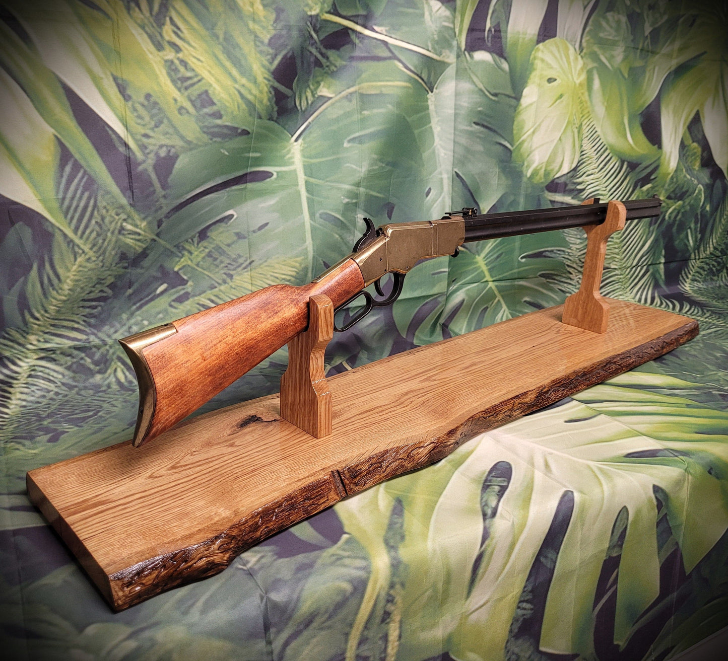 Walker Wood Gifts gun rack Beautiful Rustic Live Edge Oak Lever Action Rifle Stand Display Mantel Collector Gift