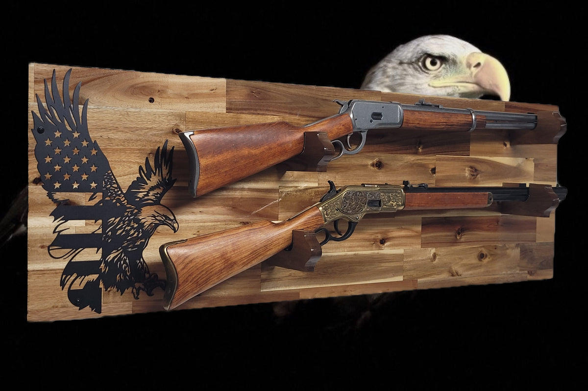 Walker Wood Gifts gun rack Handcrafted 2-Place Lever Action Rifle Wall Display | Acacia Wood & Eagle Flag