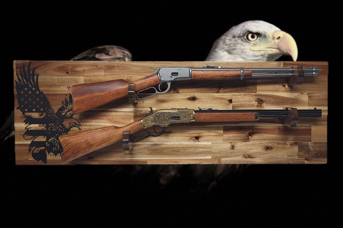 Walker Wood Gifts gun rack Handcrafted 2-Place Lever Action Rifle Wall Display | Acacia Wood & Eagle Flag