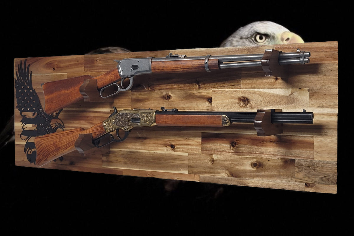Walker Wood Gifts gun rack Handcrafted 2-Place Lever Action Rifle Wall Display | Acacia Wood & Eagle Flag
