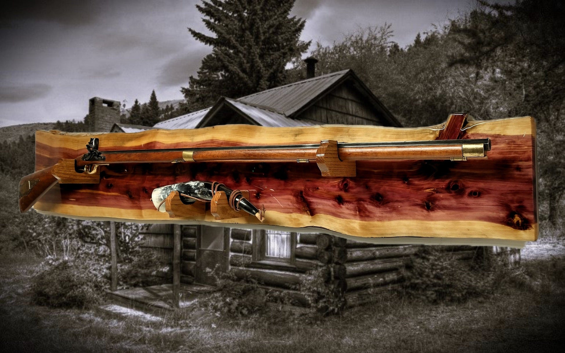 Walker Wood Gifts gun rack Knotty Live Edge Rustic Red Cedar Vintage Kentucky Long Gun Musket Rifle with Powder Horn Display Unique Gift